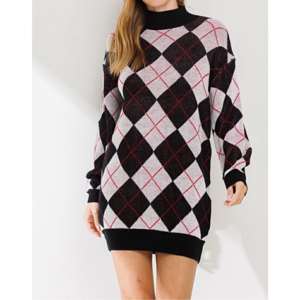 Black Red Argyle tunic sweater dress